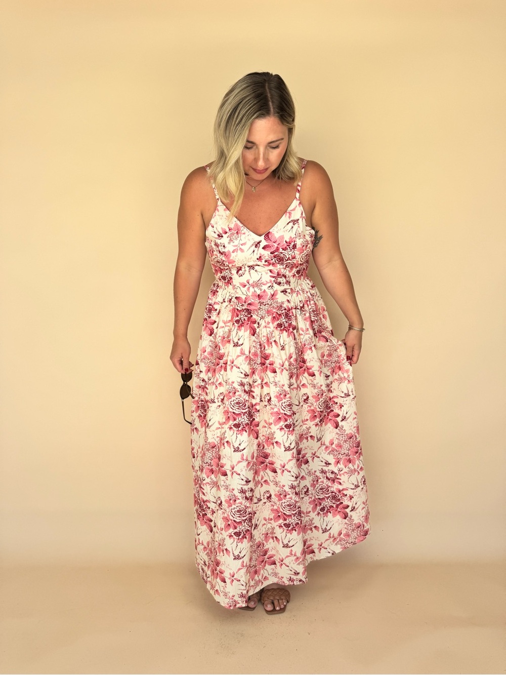 Cream Maxi Dress with Pink Floral Print and Spaghetti Straps - Picture 4 of 4